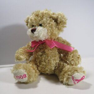 2008 pink cancer ribbon teddy bear tan curly hair